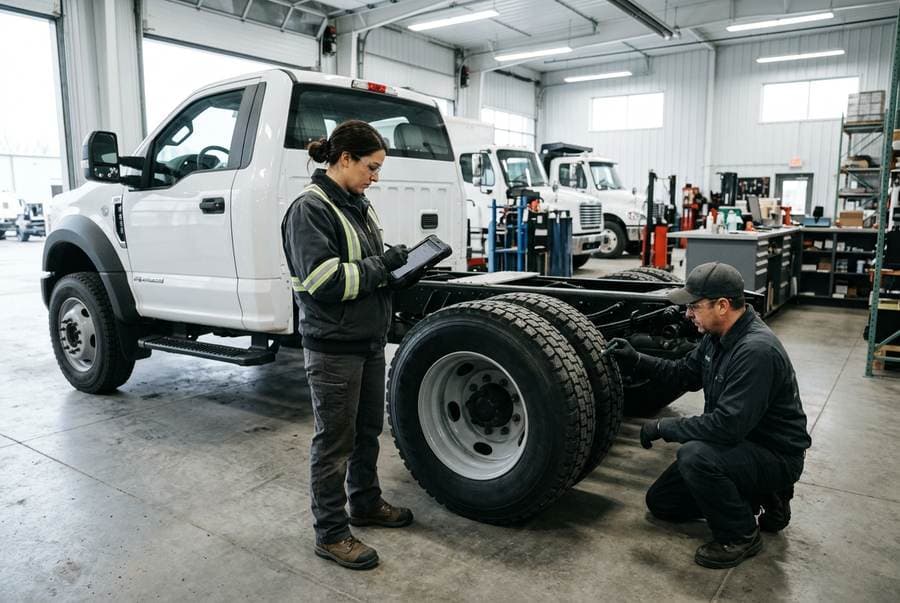 A fleet technician documenting tire condition beside a service truck
