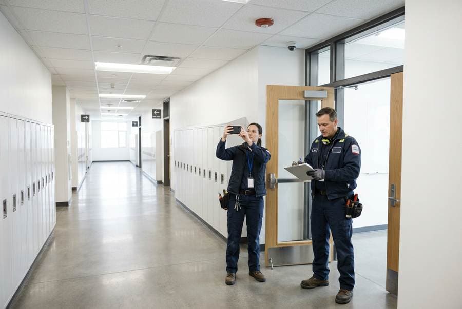 Adult facilities technicians inspecting an empty school corridor
