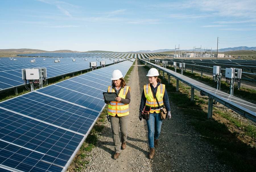 Renewable energy technicians documenting a ground-mounted solar array