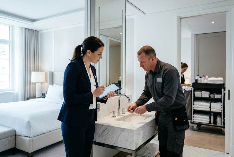 Hotel operations staff inspecting a fixture in an unoccupied room