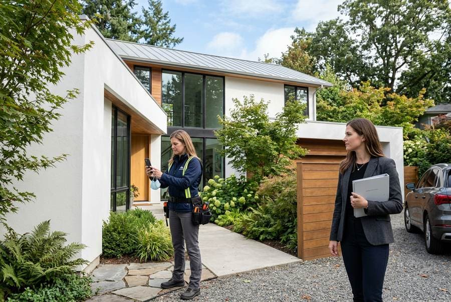 A property inspector and real estate professional outside a contemporary house