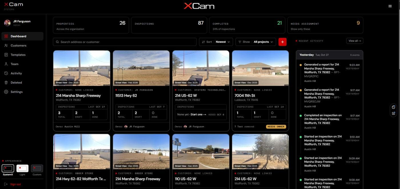 XCam dashboard with one card per property