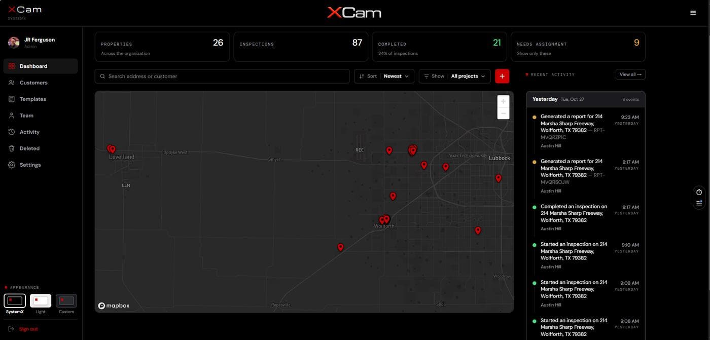 XCam dashboard with every property on a map
