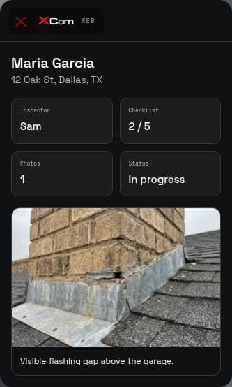 An XCam inspection on a phone with a photo and notes