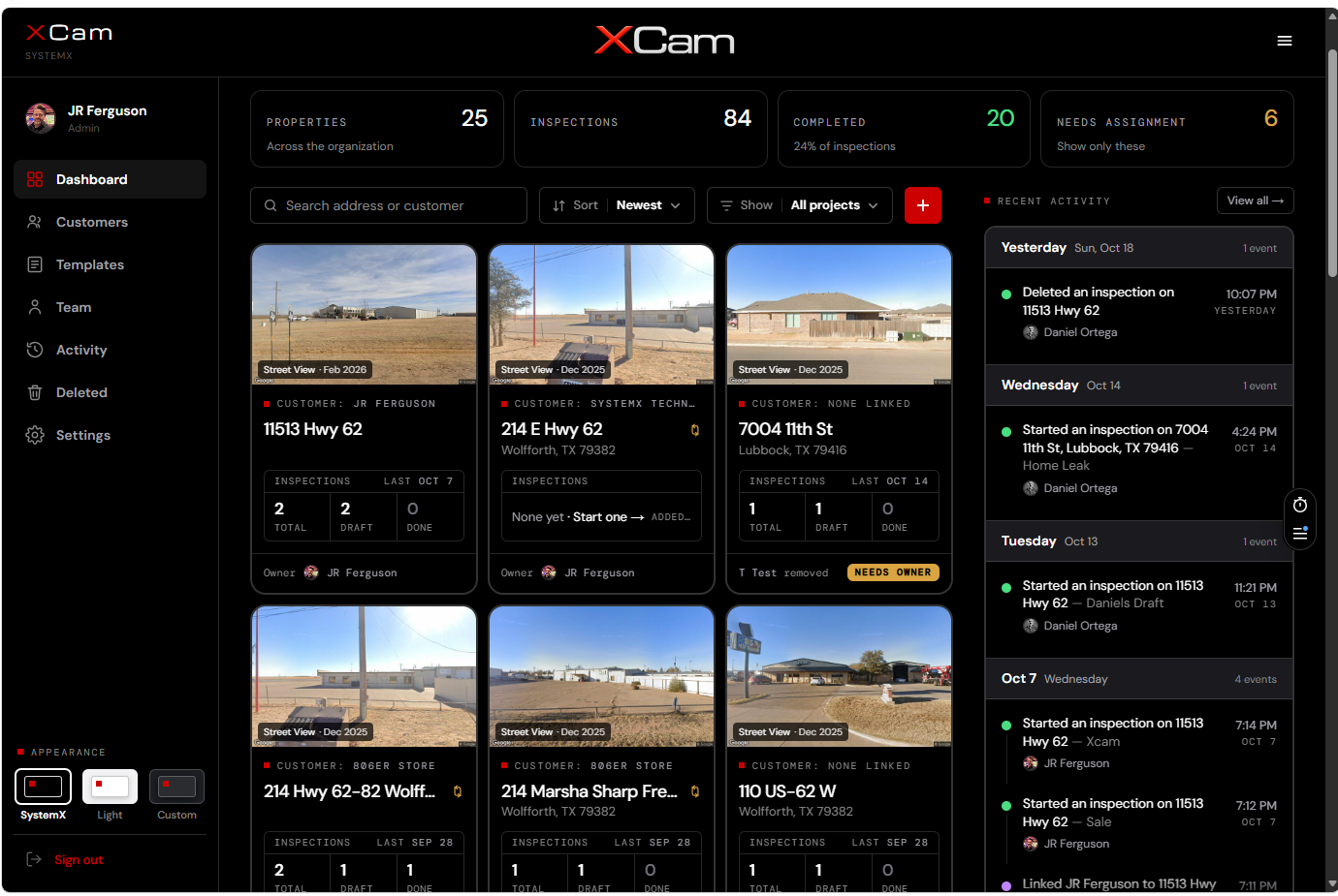 XCam property dashboard: property photos, inspections and activity. On phones, the mobile dashboard shows property cards and its bottom controls.