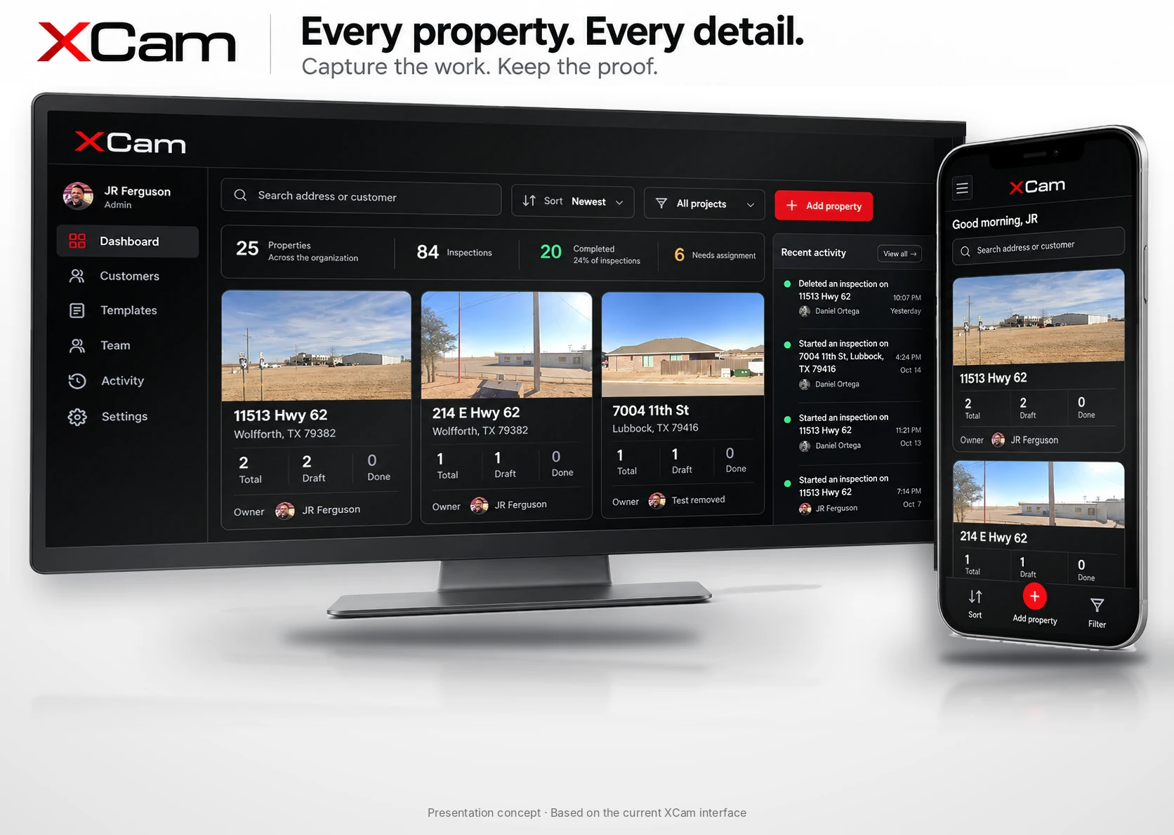 XCam on a monitor and a phone showing the property dashboard